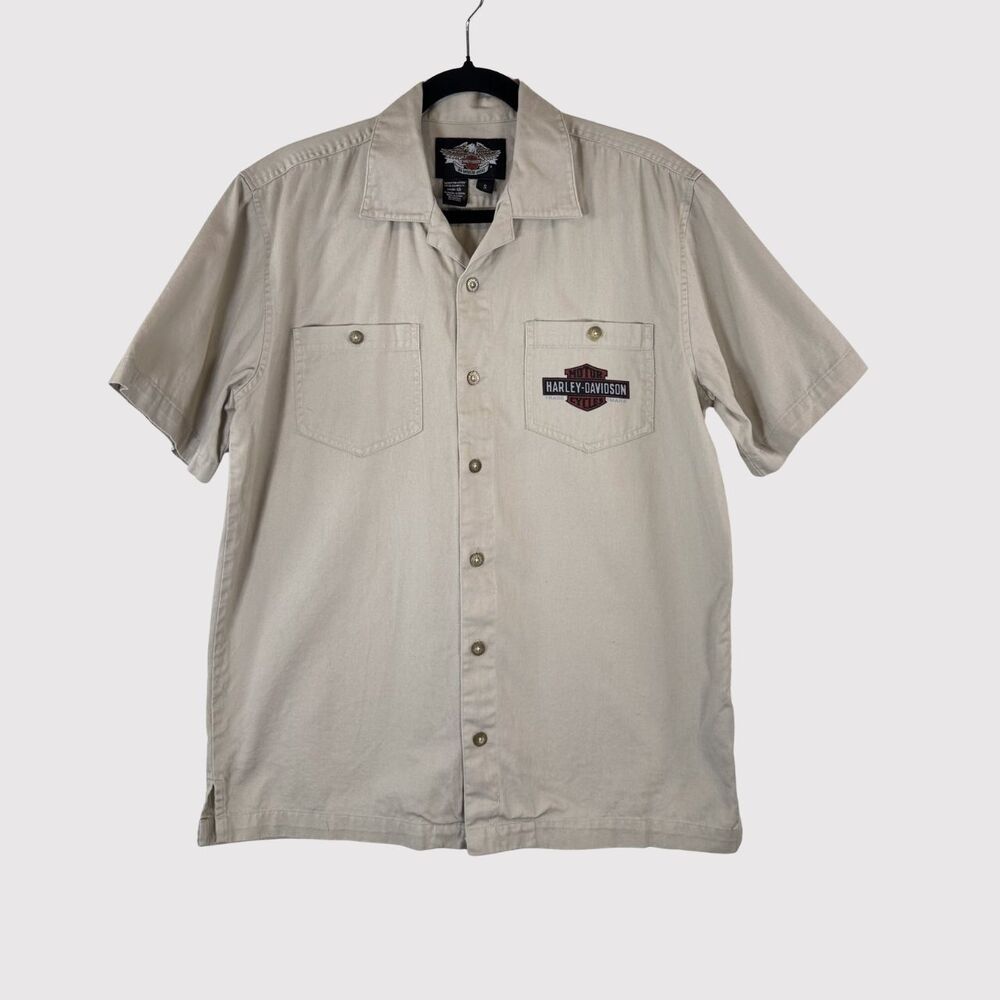 Harley Davidson Mens Button Up Shirt Gray Oil Refinery Garage Mechanic Small